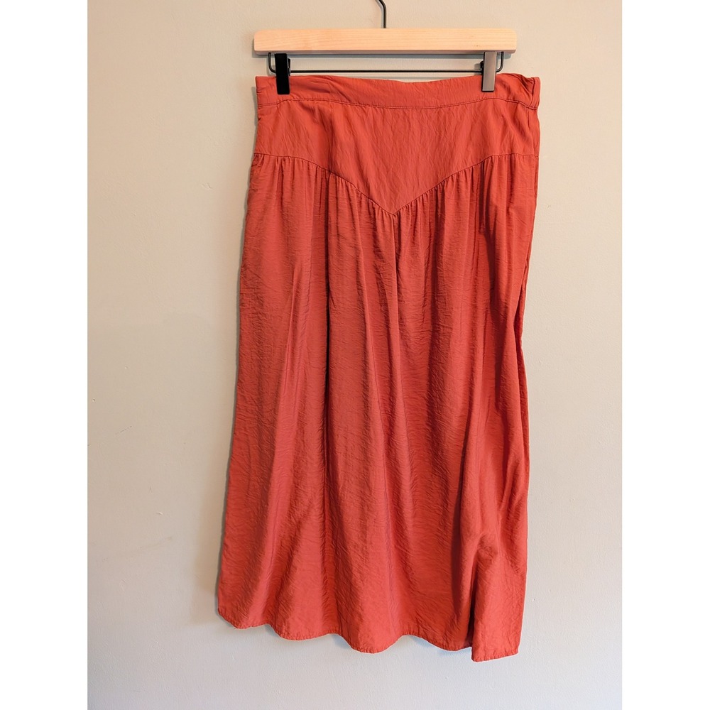 Rust Burnt Orange Textured Midi Skirt V-Yoke Flared with Pockets and Side Slits